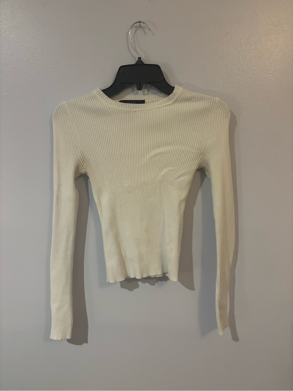 Forever 21 Cream Ribbed Long-Sleeve Crewneck Top